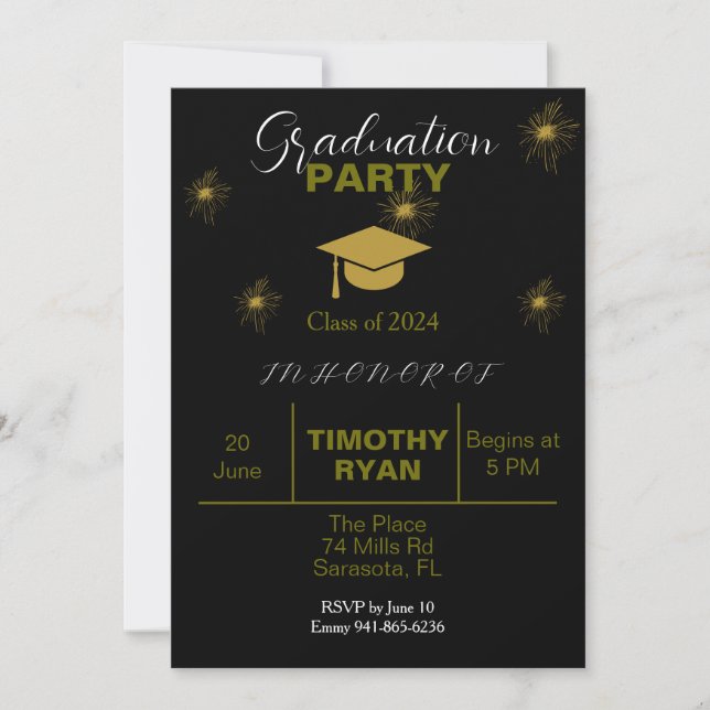Black Gold Fireworks Modern Graduation Party    Invitation (Front)