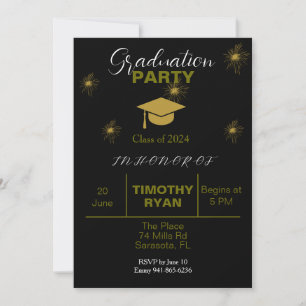 Black Gold Fireworks Modern Graduation Party    Invitation