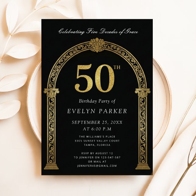 Black & Gold Five Decades of Grace 50th Birthday Invitation (Creator Uploaded)