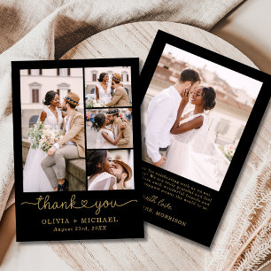 Black Gold Five Photo Collage Script Wedding Thank You Card
