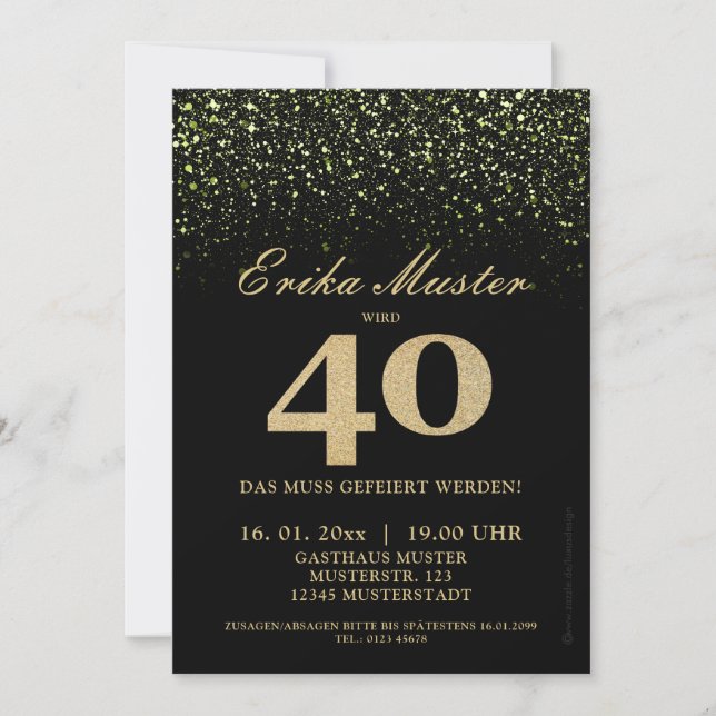 Black gold flashy invitations 40th birthday (Front)