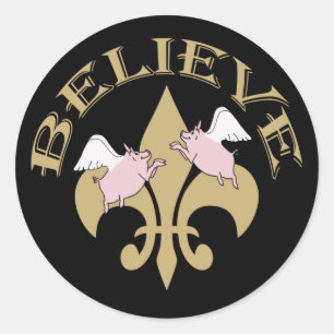 Black Gold Fleur de Lis Flying Pigs Believe Classic Round Sticker