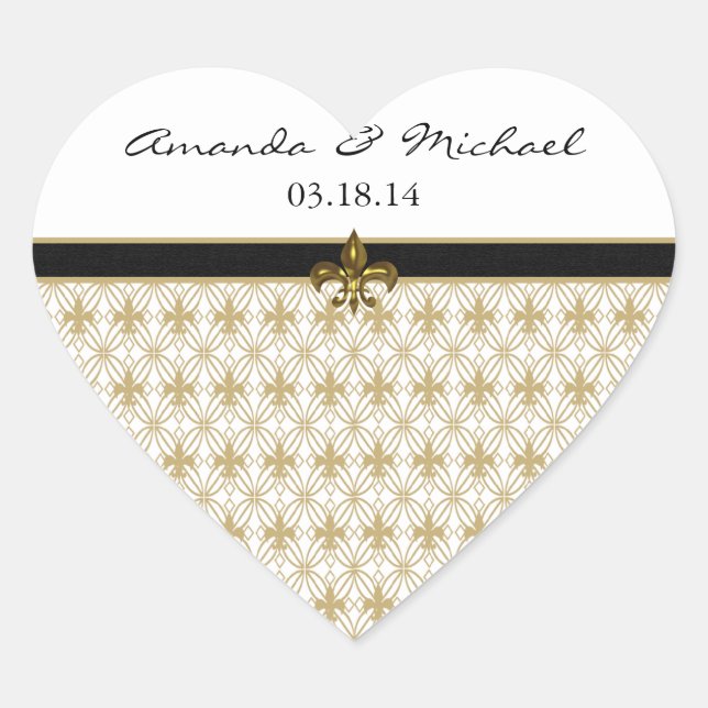 Black Gold Fleur de Lis Heart Stickers (Front)