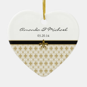 Black Gold Fleur de Lis Pattern Wedding Ceramic Ornament