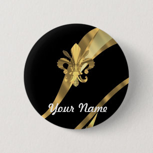 Black & gold fleur de lys 6 cm round badge