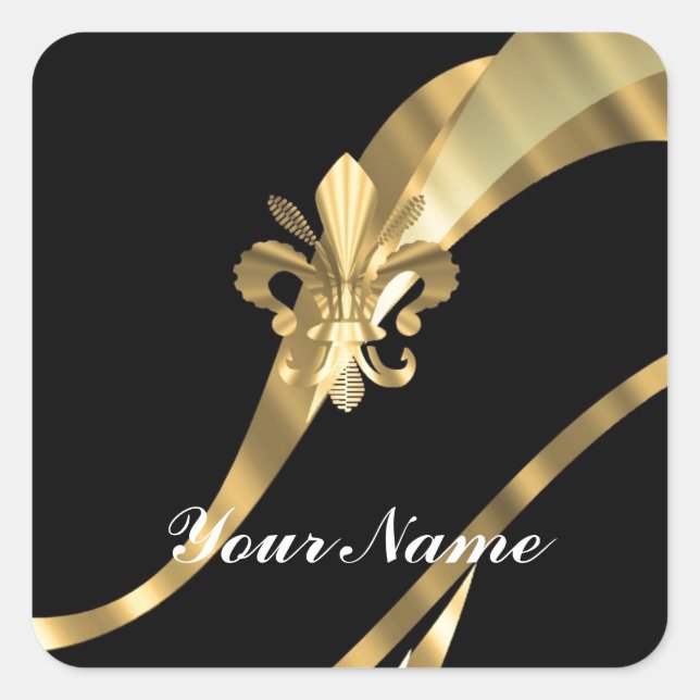 Black & gold fleur de lys square sticker (Front)