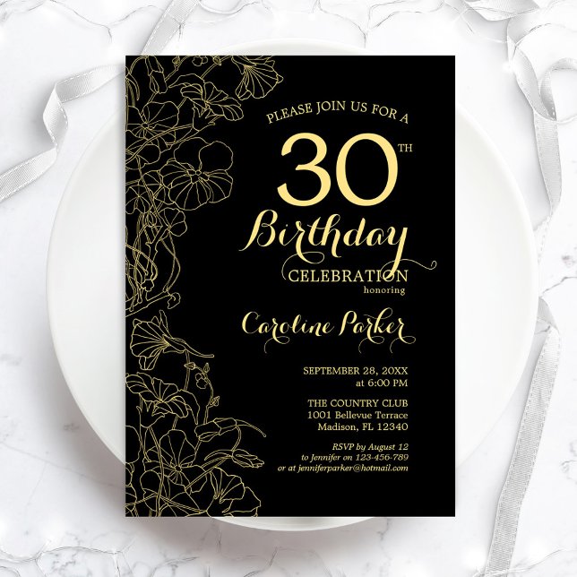 Black Gold Floral 30th Birthday Party Invitation (Creator Uploaded)