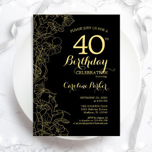 Black Gold Floral 40th Birthday Party Invitation