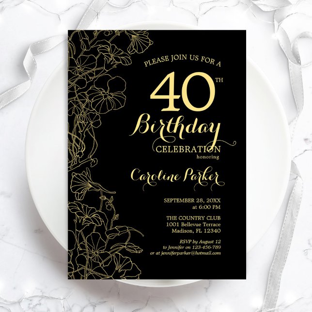 Black Gold Floral 40th Birthday Party Invitation (Creator Uploaded)