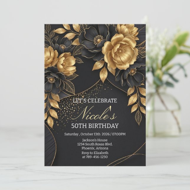 Black & Gold Floral 50th Birthday Invitation (Standing Front)