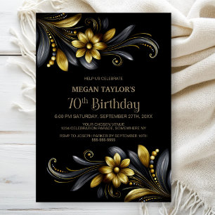 Black Gold Floral 70th Birthday Party Invitation