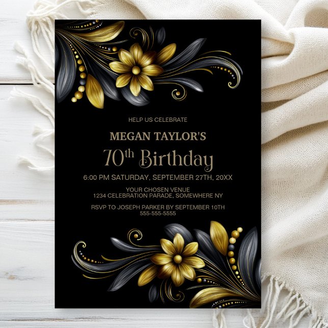 Black Gold Floral 70th Birthday Party Invitation (Creator Uploaded)