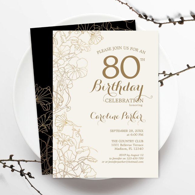 Black Gold Floral 80th Birthday Party Invitation (Creator Uploaded)