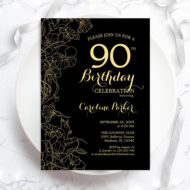 Black Gold Floral 90th Birthday Party Invitation (Creator Uploaded)