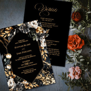 Black Gold Floral All In One Geometric Wedding Invitation