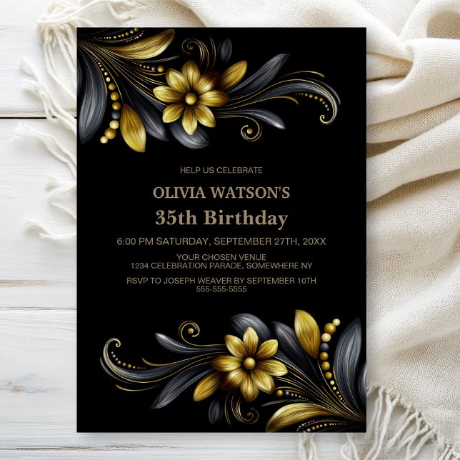 Black Gold Floral Birthday Party Invitation (Creator Uploaded)