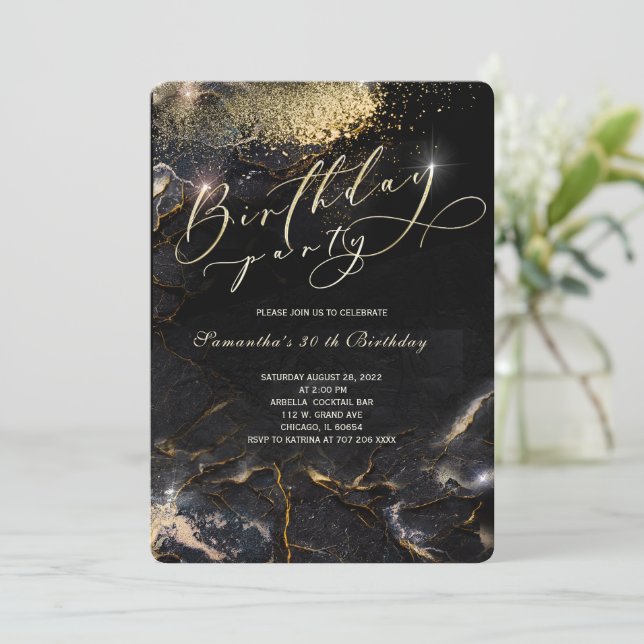 Black Gold Floral Birthday Party Invitations (Standing Front)