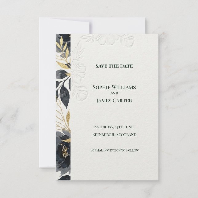 Black Gold Floral Border Save The Date Card (Front)