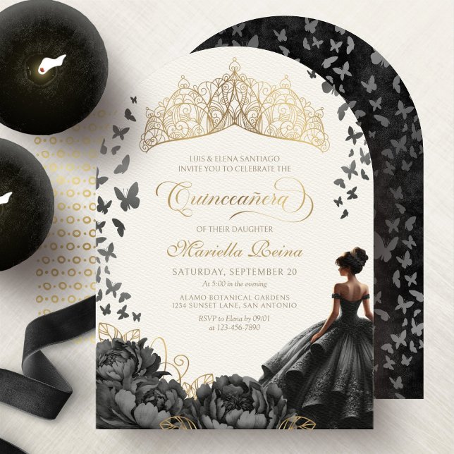 Black Gold Floral Butterflies Crown Quinceanera Invitation (Creator Uploaded)