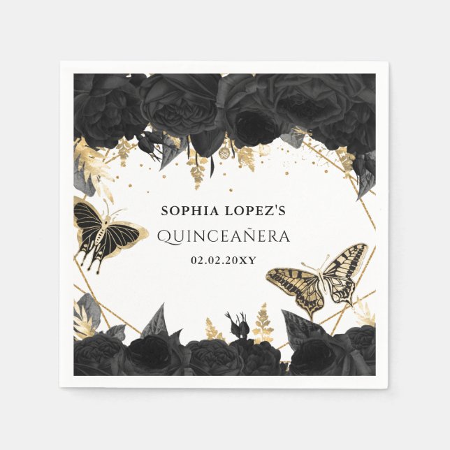 Black Gold Floral Butterflies Quinceanera  Napkin (Front)