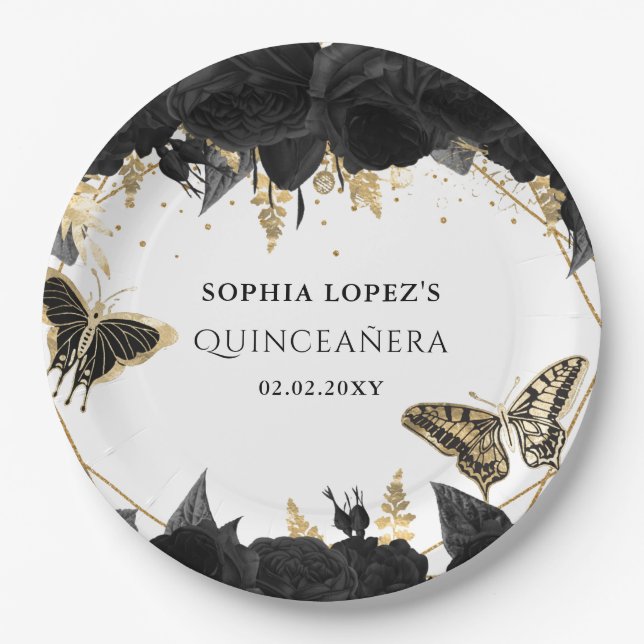 Black Gold Floral Butterflies Quinceanera  Paper Plate (Front)