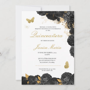 Black & Gold Floral Butterfly Elegant Quinceañera Invitation