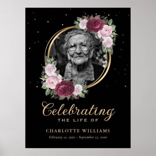 Black Gold Floral Celebration of Life Funeral Sign (Front)
