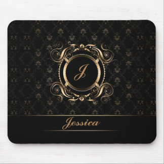 Black & Gold Floral Circle Frame Monogramed Mouse Pad