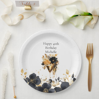 Black Gold Floral Cocktail Drinks 40th Birthday Paper Plate