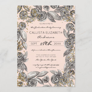 Black Gold Floral Confetti Watercolor Graduation Invitation