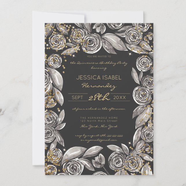 Black Gold Floral Confetti Watercolor Quinceañera Invitation (Front)