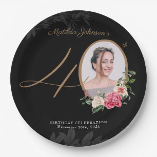 Black Gold Floral Custom Photo 40th Birthday  Paper Plate