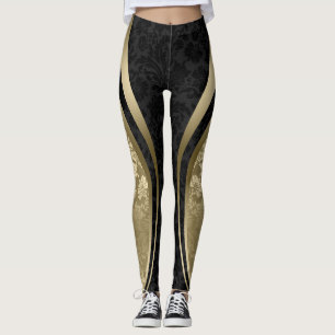 Black & Gold Floral Damasks Geometric Design Leggings
