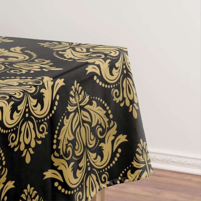 Black & Gold Floral Damasks Geometric Pattern Tablecloth (In Situ)