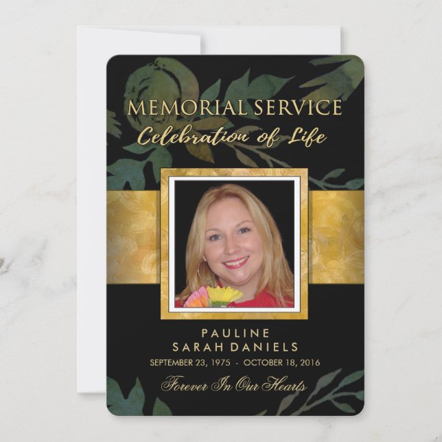 Black Gold Floral Elegant Memorial Service Invite (Front)