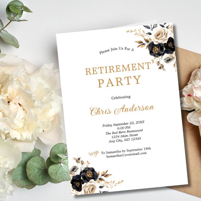 Black Gold Floral Elegant Modern Retirement Party Invitation (Black Gold Watercolor Florals Retirement Party Invitation. Elegant and Modern. Printed or Digital )