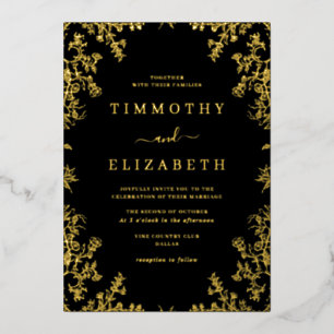 Black Gold Floral Elegant Wedding Foil Invitation