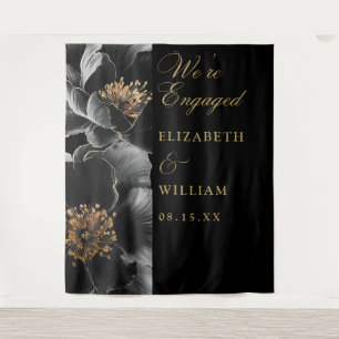 Black Gold Floral Engagement Party Photo Backdrop  Tapestry