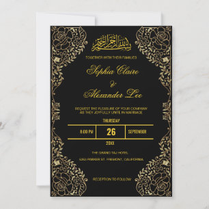 Black & Gold Floral Frame Islamic Muslim Wedding Invitation