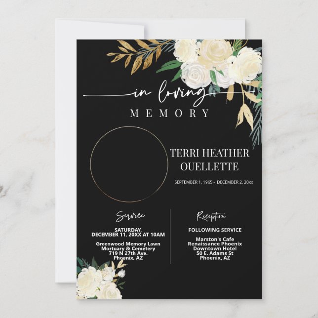 Black Gold Floral Funeral Memorial Service Photo Invitation (Front)
