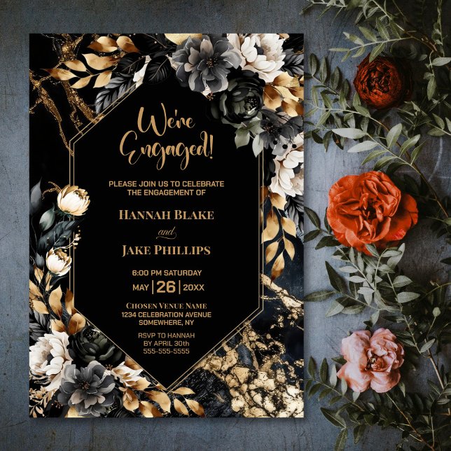 Black Gold Floral Geometric Engagement Party Invitation (Creator Uploaded)