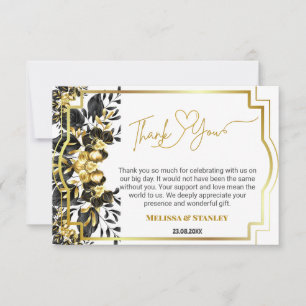 Black Gold Floral Geometric Monogram Back Wedding Thank You Card