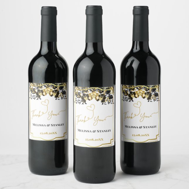 Black Gold Floral Geometric Monogram Back Wedding Wine Label (Bottles)