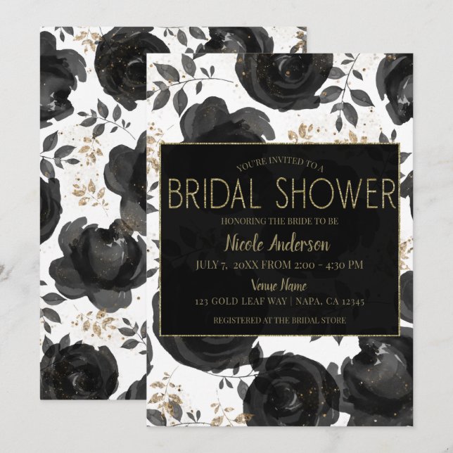 Black Gold Floral Glam Leaves Bridal Shower Invitation (Front/Back)