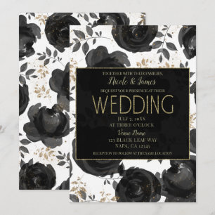 Black Gold Floral Glam Leaves Wedding Invitation