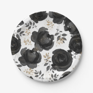 Black Gold Floral Glam Leaves Wedding Paper Plate