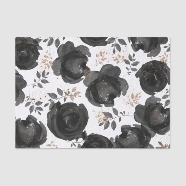Black Gold Floral Glam Leaves Wedding Tissue Paper (Front)