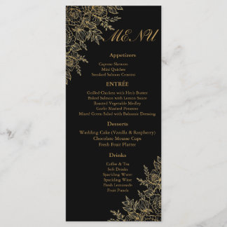 Black Gold Floral Glam Wedding Reception Menu Card