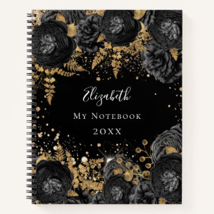 Black gold floral glitter name glamorous notebook