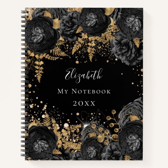 Black gold floral glitter name glamorous notebook (Front)